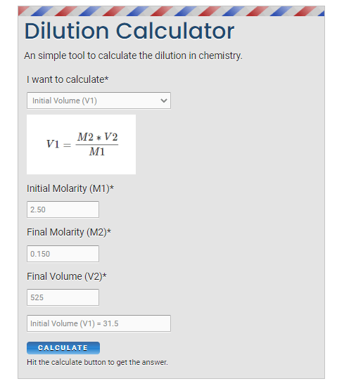 calculate V1 using M1V1=M2V2 calculator