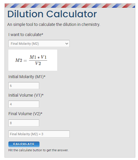 calculate M2 using M1V1=M2V2 calculator