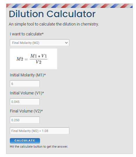 M1V1 = M2V2 calculator to calculate molarity