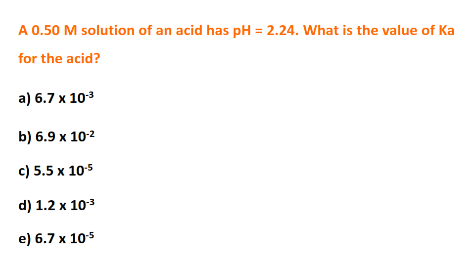 A 0.50 m solution of an acid ha has ph = 2.24. what is the value of ka for the acid?