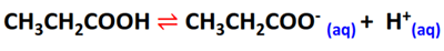 CH3CH2COOH is a weak acid that partially ionizes to yield H+ and CH3CH2COO- ions in water