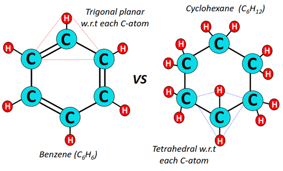 Shape of Benzene (C6H6) vs Cyclohexane (C6H12)