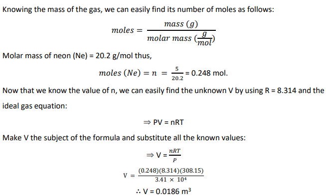 Calculating the volume occupied by the gas using R=8.314 ideal gas constant