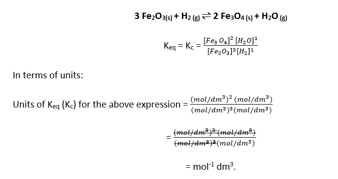 Keq for the Fe2O3 reaction with units