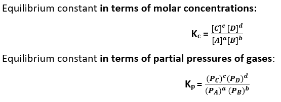Equilibrium constant (Keq) in terms of molar concentration and partial pressure of gases