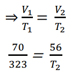 Using Charles’ Law equation (V1T2 = V2T1) to solve for T2