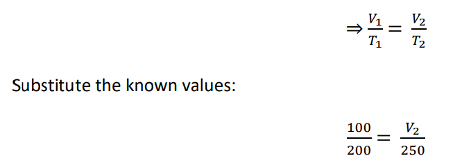 Using Charles’ Law equation (V1/T1=V2/T2) to solve for V2