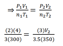 Using (P1V1n2T2 = P2V2n1T1) general gas equation solving for V2