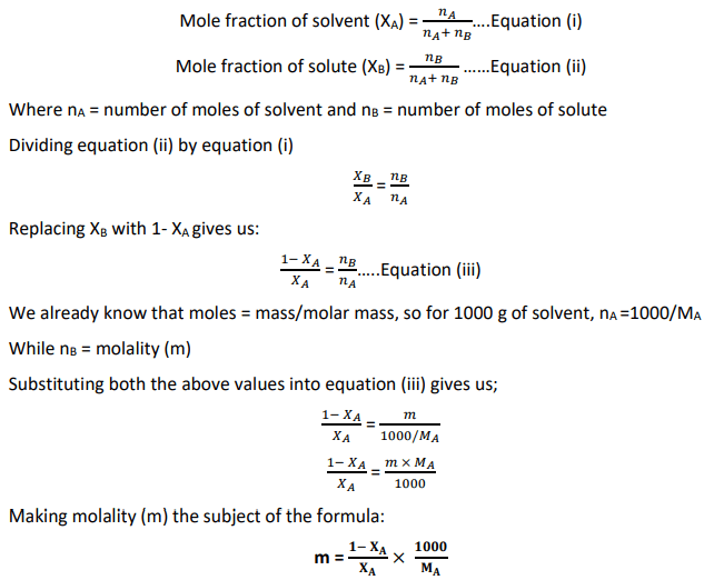 relationship between the molality (m) and mole fraction of the solvent