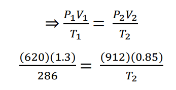 using combined gas law equation (P1V1/T1=P2V2/T2) to solve for T2 value