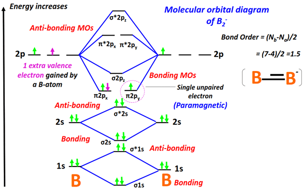 B2- Molecular orbital diagram (MO) and Bond order