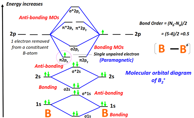 B2+ Molecular orbital diagram (MO) and Bond order