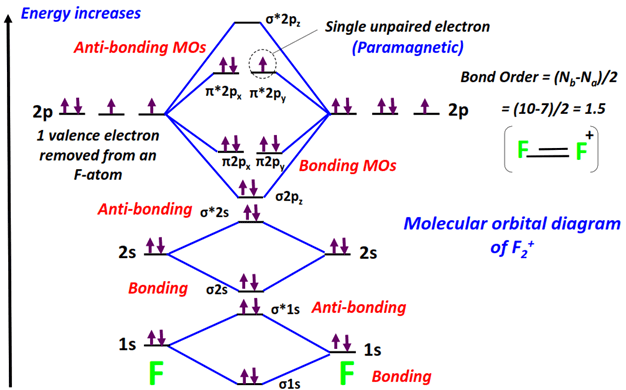 F2+ Molecular orbital diagram (MO) and Bond order