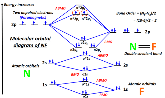 Molecular orbital diagram (MO) of NF and it's bond order