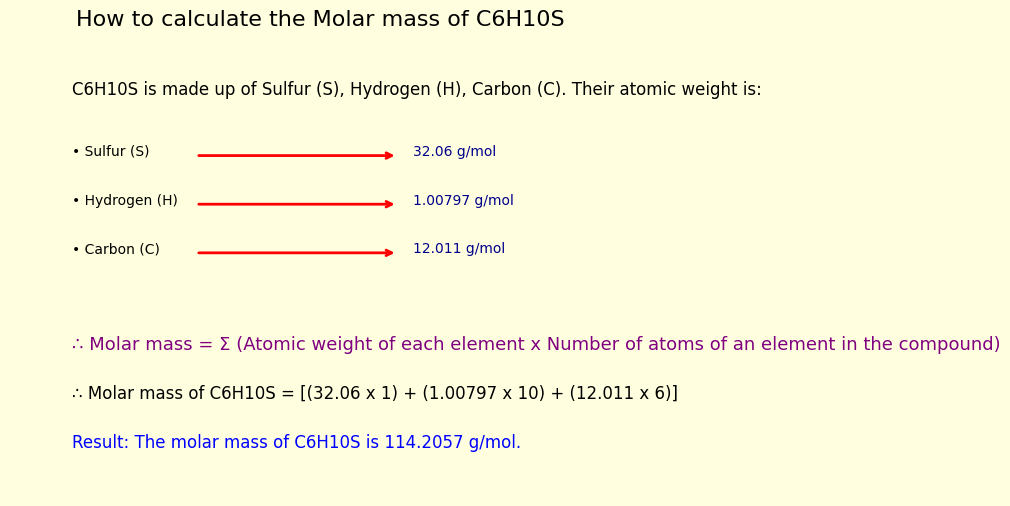 Steps to calculate the molar mass of Allyl sulfide (C6H10S)