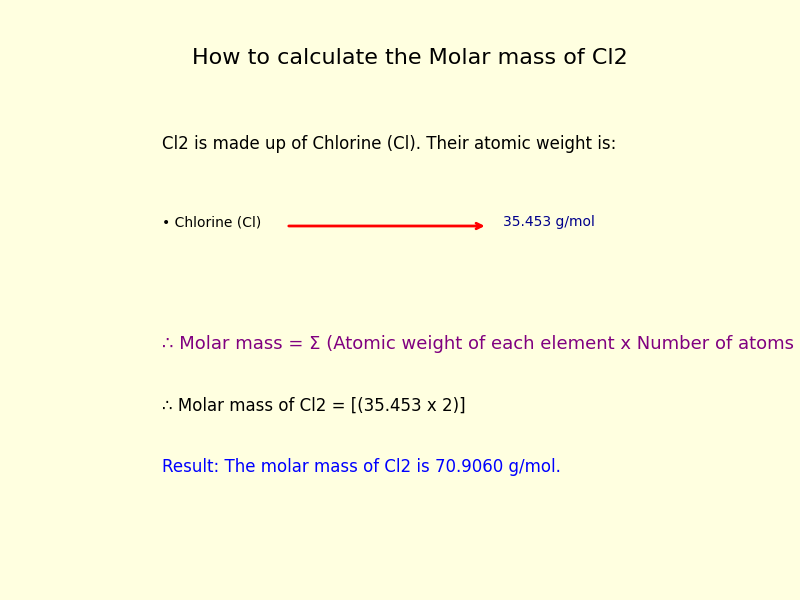How to calculate the molar mass of Chlorine gas (Cl2)